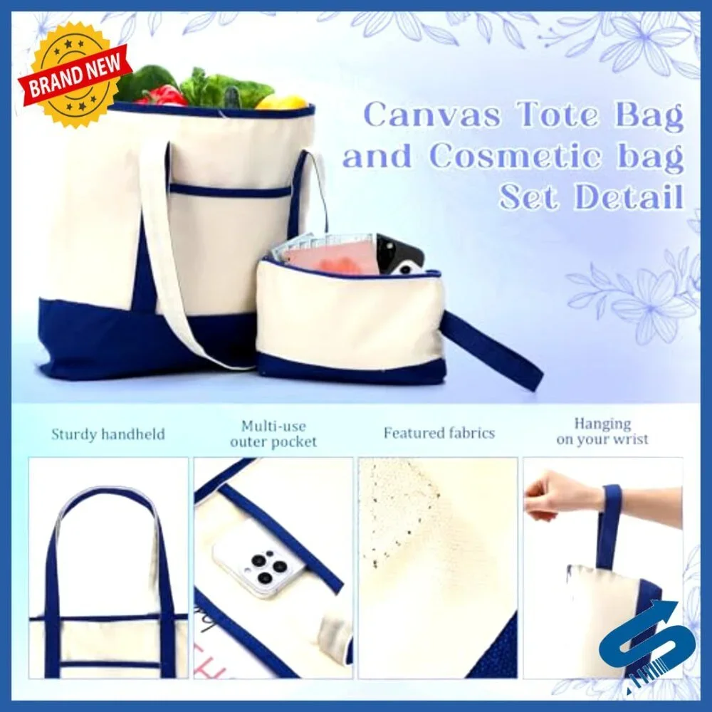 Canvas Tote Bags Set with Outer Pocket and Makeup Pouch Reusable Grocery